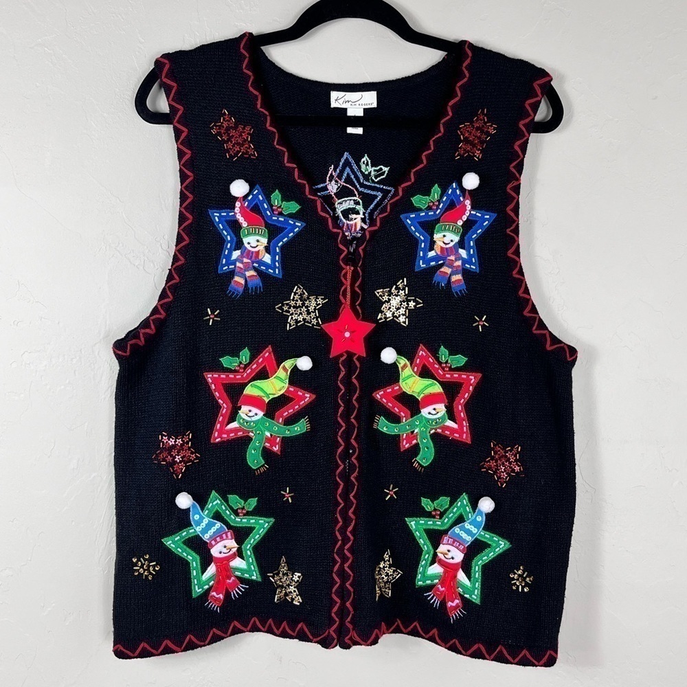 Kim Rogers Christmas Embroidered Sequined Snowman Zip Up Sweater Vest